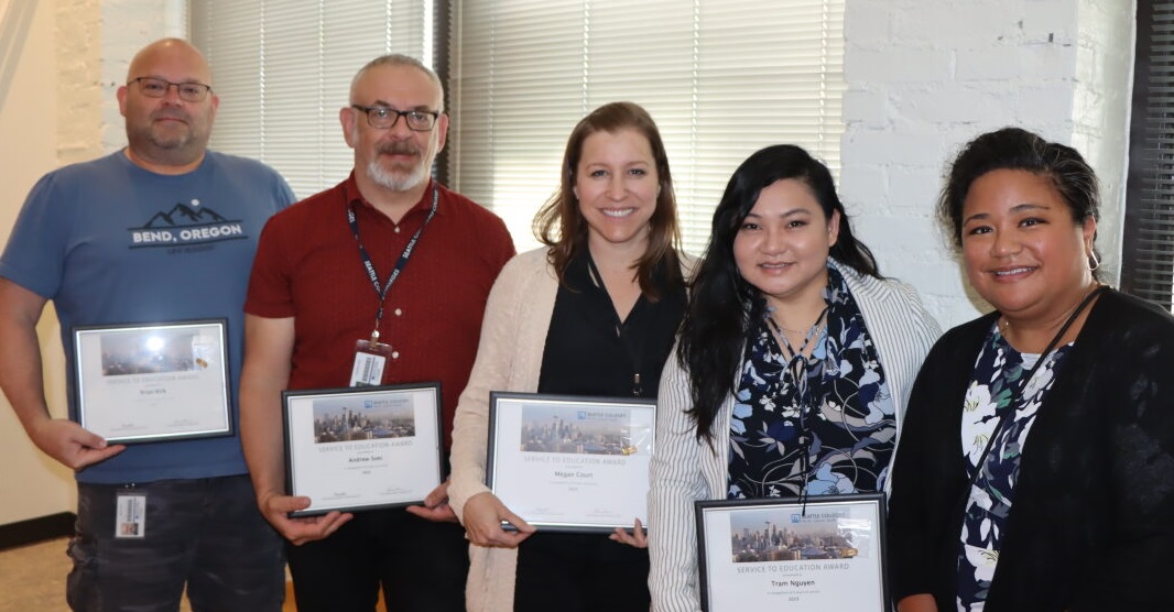 Left to right: Brian Kirk, Andrew Svec, Megan Court, Tram Nguyen, Interim Chancellor Rosie Rimando-Chareunsap