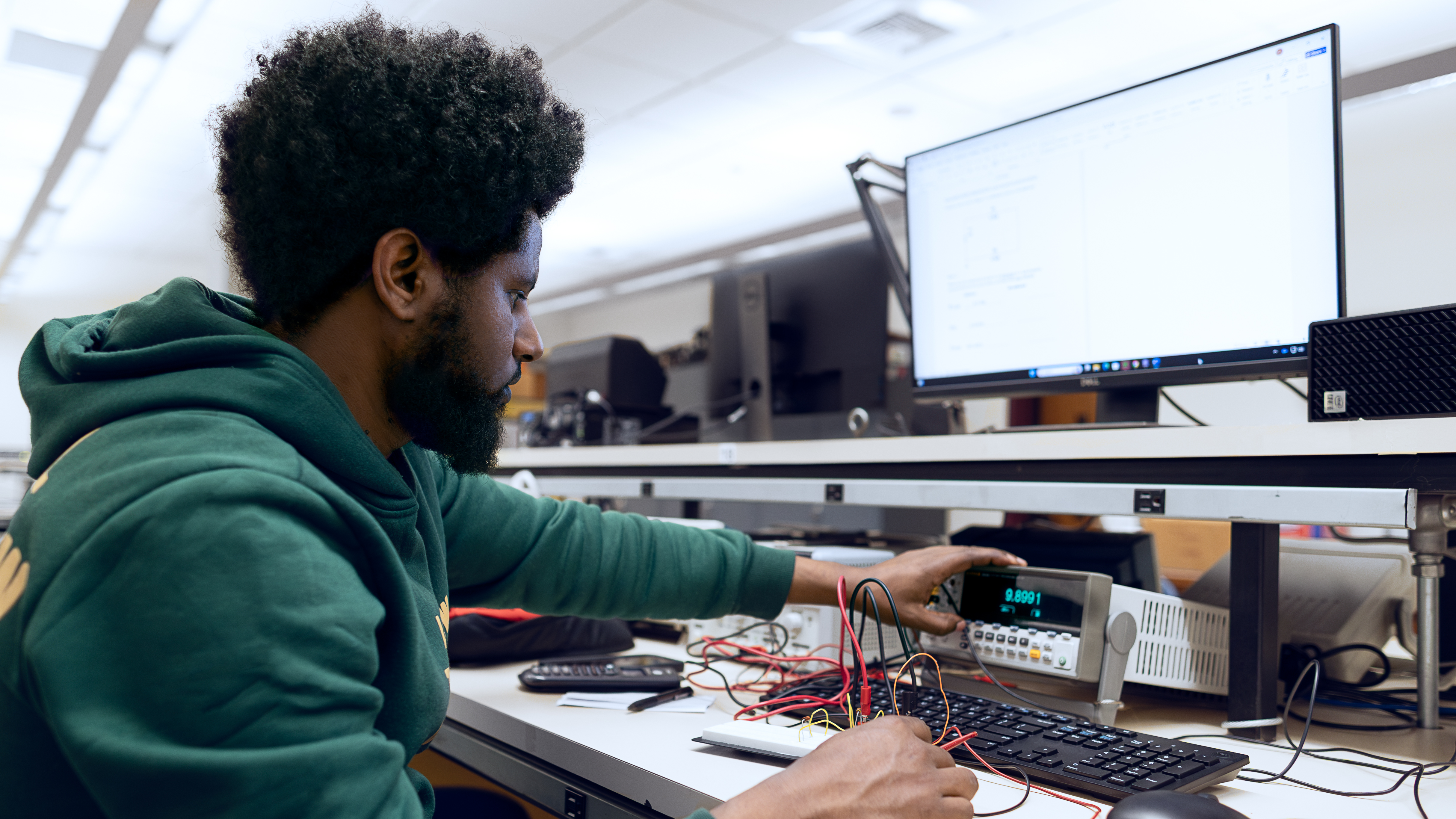A student participating in North Seattle College's Electronics program