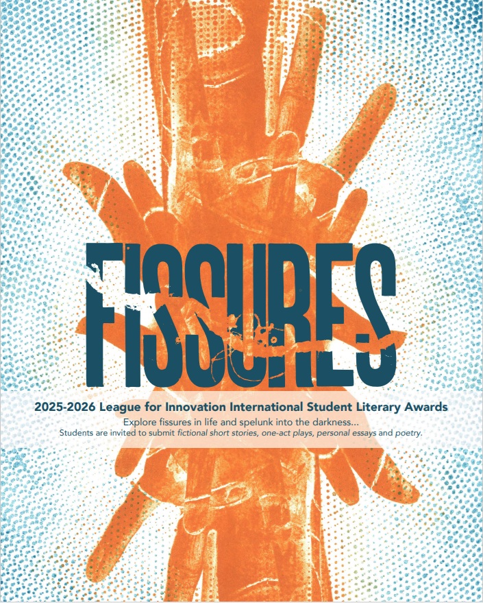 2026 Literary Award Competition poster with an abstract image of human hands and text: Fissures - explore fissures in life and spelunk into the darkness