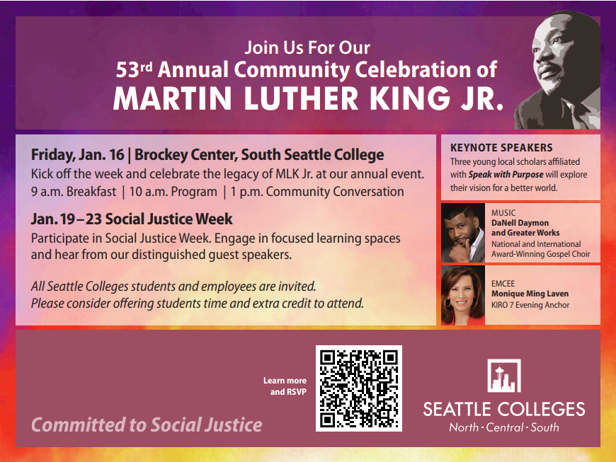 MLK and Social Justice Week flyer with QR code.