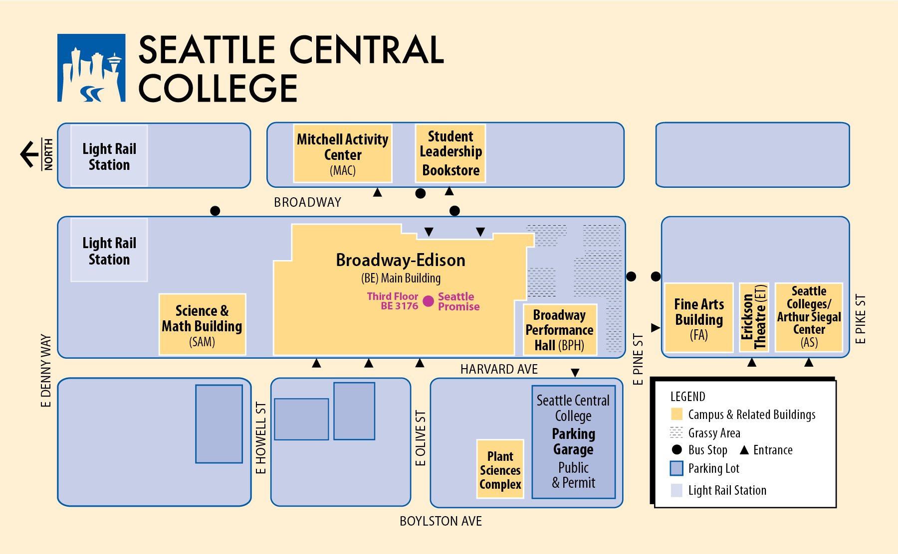 Seattle Central College map with Seattle Promise Office location marked at Broadway-Edison Building (BE), third floor, room 3176.
