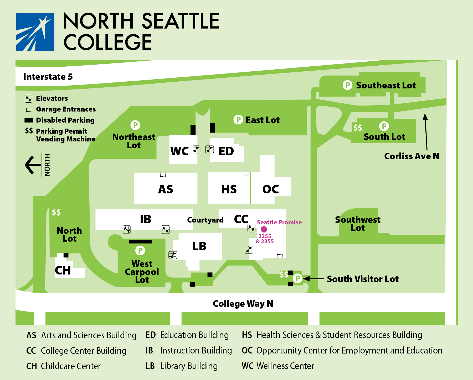 North Seattle College Promise Office Location marked for College Center Building (CC), second floor, rooms 2255 and 2355