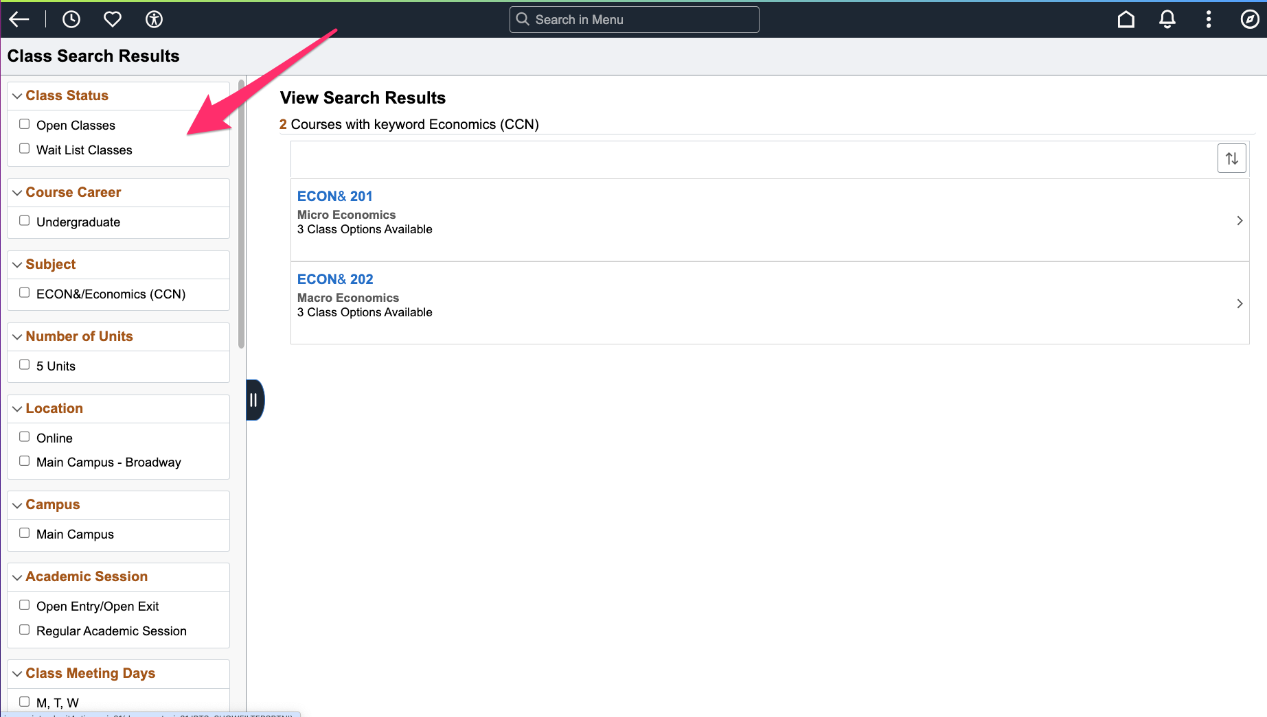 Screenshot with a pink arrow pointing to the assorted filtering options on the left side of the screen.