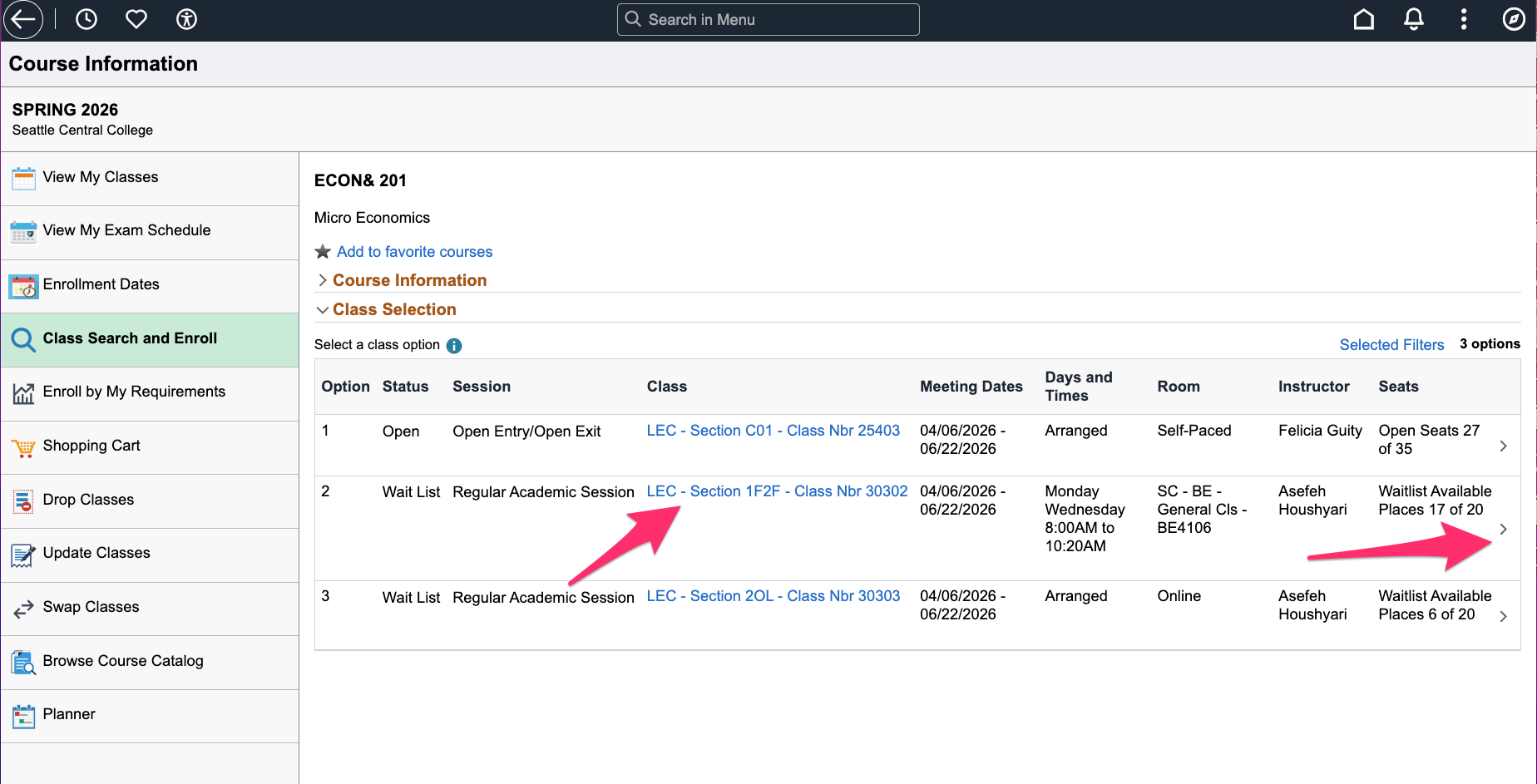 Screenshot of a class selection screen with a pink arrow pointing to the chosen class details and another pink arrow pointing to the button to select it.