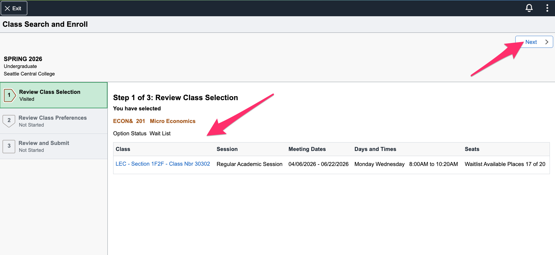 Screenshot of the Review Class Selection screen with a pink arrow pointing to the class being reviewed.