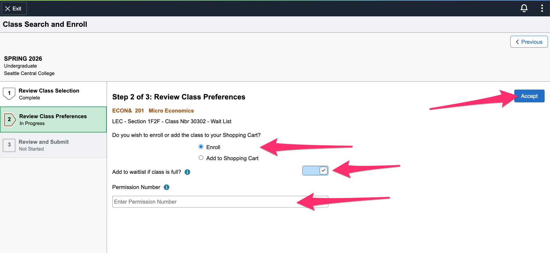 Screenshot of the Review Class Preferences screen with pink arrows highlighting the enroll, waitlist, and accept options.