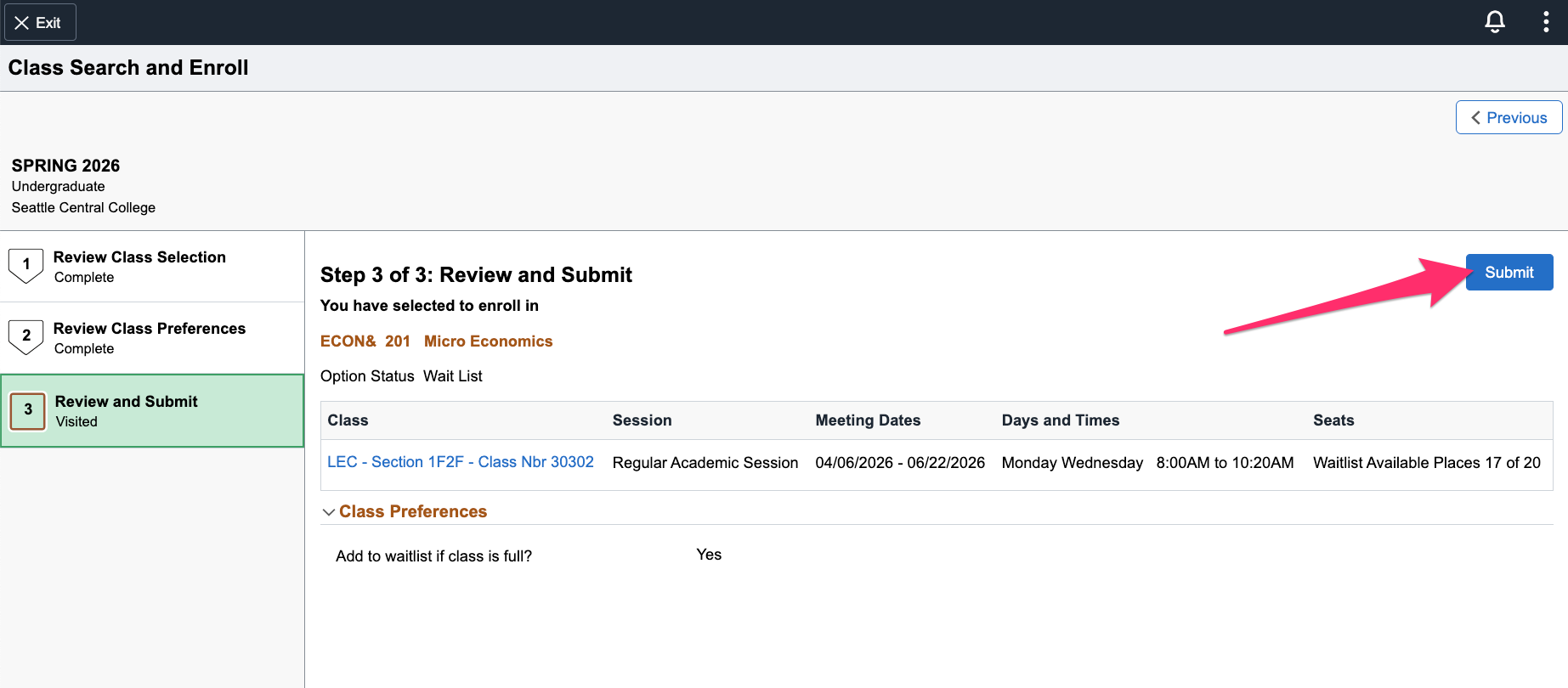 Screenshot of the Review and Submit screen with a pink arrow pointing to the Submit button in the upper right.