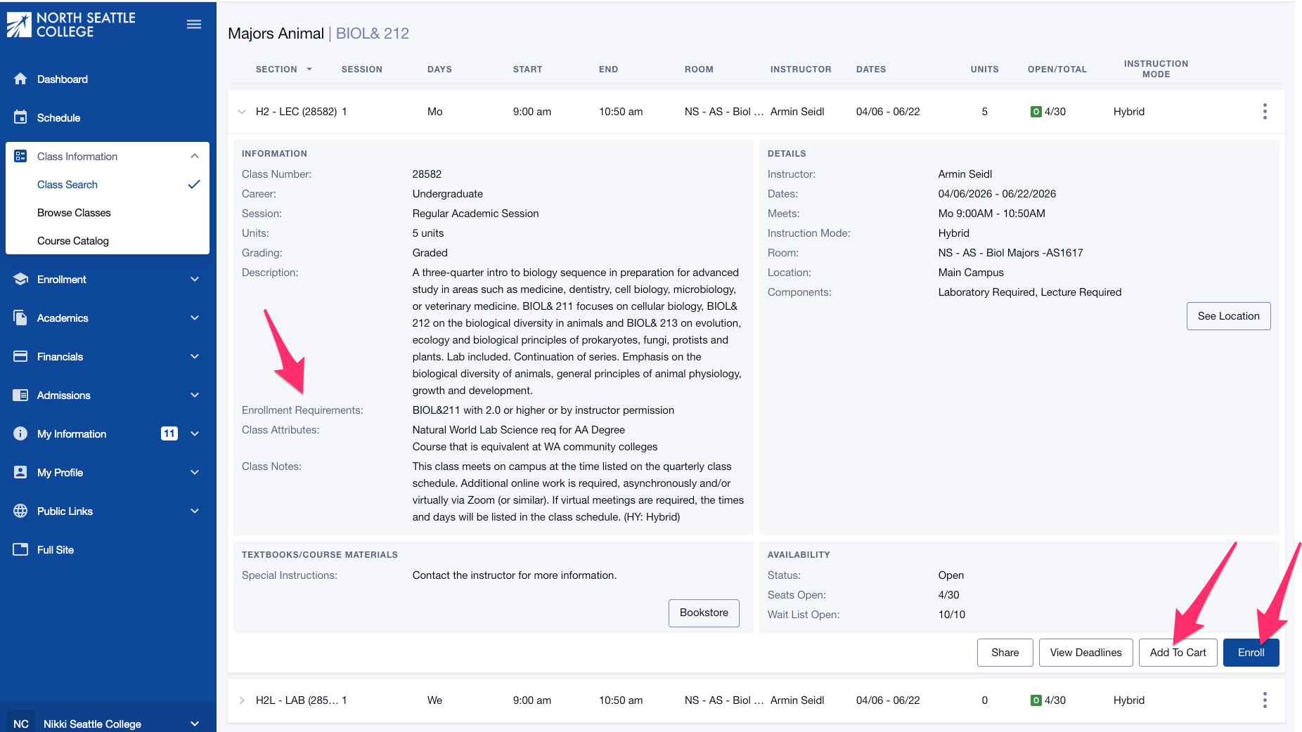 Screenshot of expanded Class Information with pink arrows pointing to Enrollment Requirements section, Add to Cart button, and Enroll button.