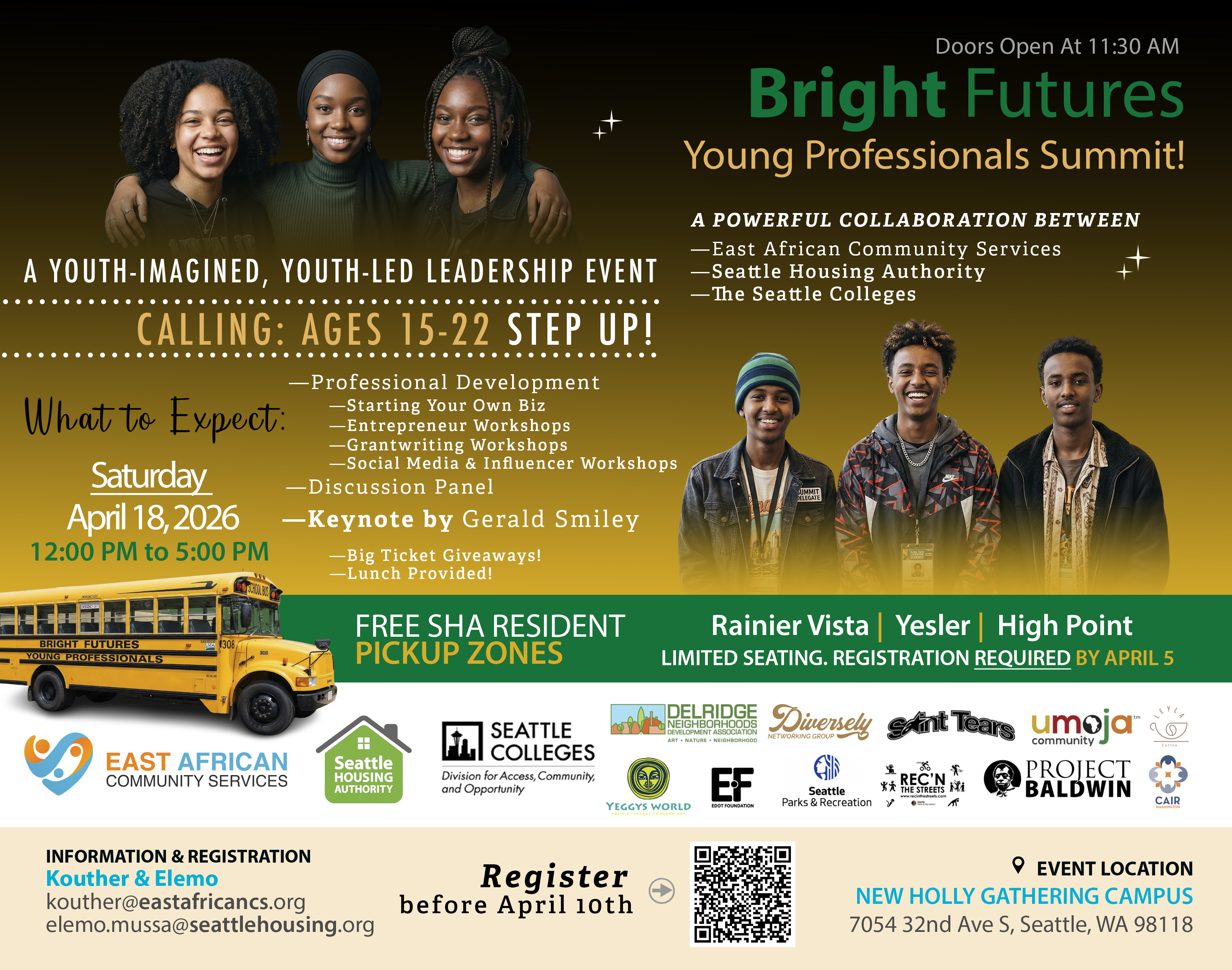 Flyer for the “Bright Futures Young Professionals Summit” on April 18, 2026, from 12–5 PM at New Holly Gathering Campus in Seattle. A youth-led leadership event for ages 15–22 featuring workshops on entrepreneurship, grant writing, social media, a keynote speaker, panel discussion, giveaways, and free lunch. Registration required by April 10.