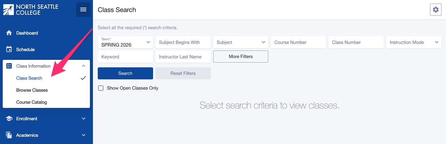 ctcLink mobile navigation menu with a pink arrow pointing to Class Search in the expanded Class Information menu.