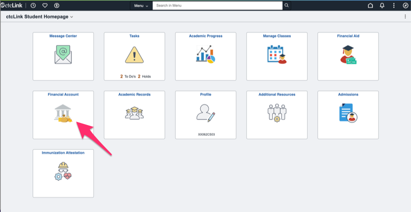 ctcLink Student Homepage with arrow pointing to Financial Account tile.