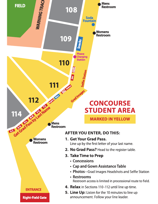 Map of Concourse Student Area with text: After you enter, do this: 1) Get your Grad Pass. Line up by the first letter of your last name. 2. No Grad Pass? Head to the register table. 3. Take time to prep. 4. Relax in sections 110-112 until line up time. 5 Line up: listen for the 10 minutes to line up announcement.