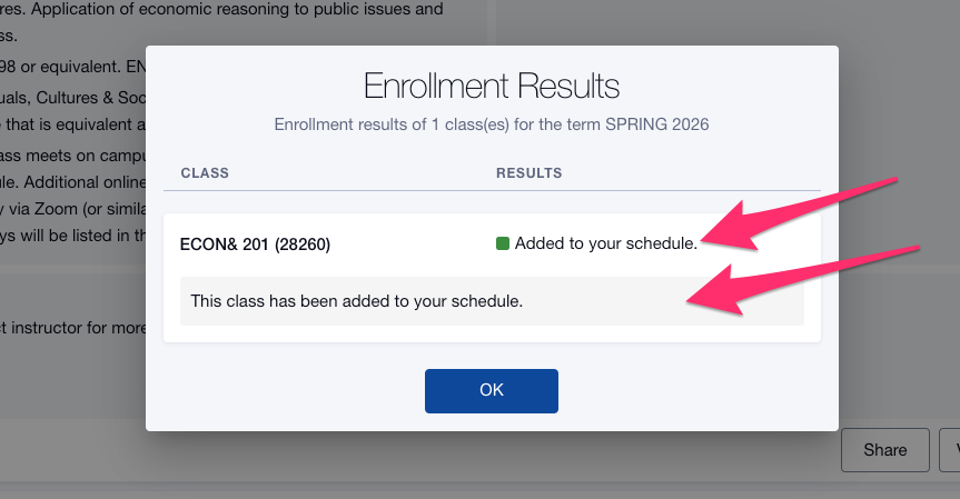 Screenshot of Enrollment Results, Added to your schedule result.