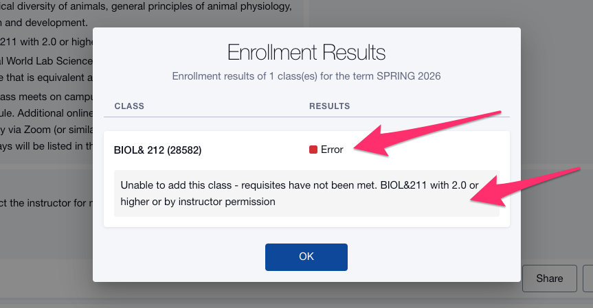 Screenshot of Enrollment Results, Error result.