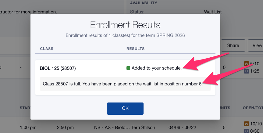 Screenshot of Enrollment Results, Added to your schedule but waitisted result.