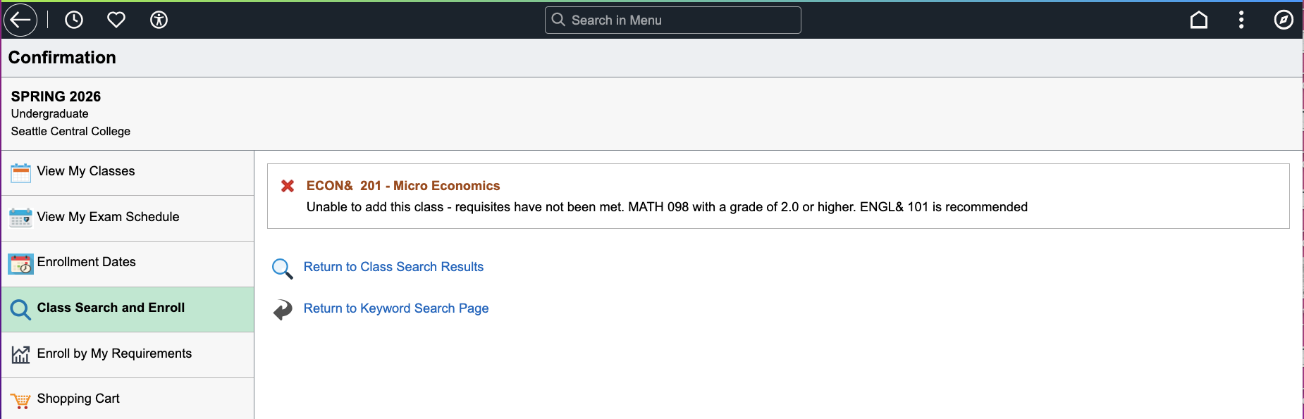 Screenshot showing the error view that appears is there was a problem in the previous screens or selections.