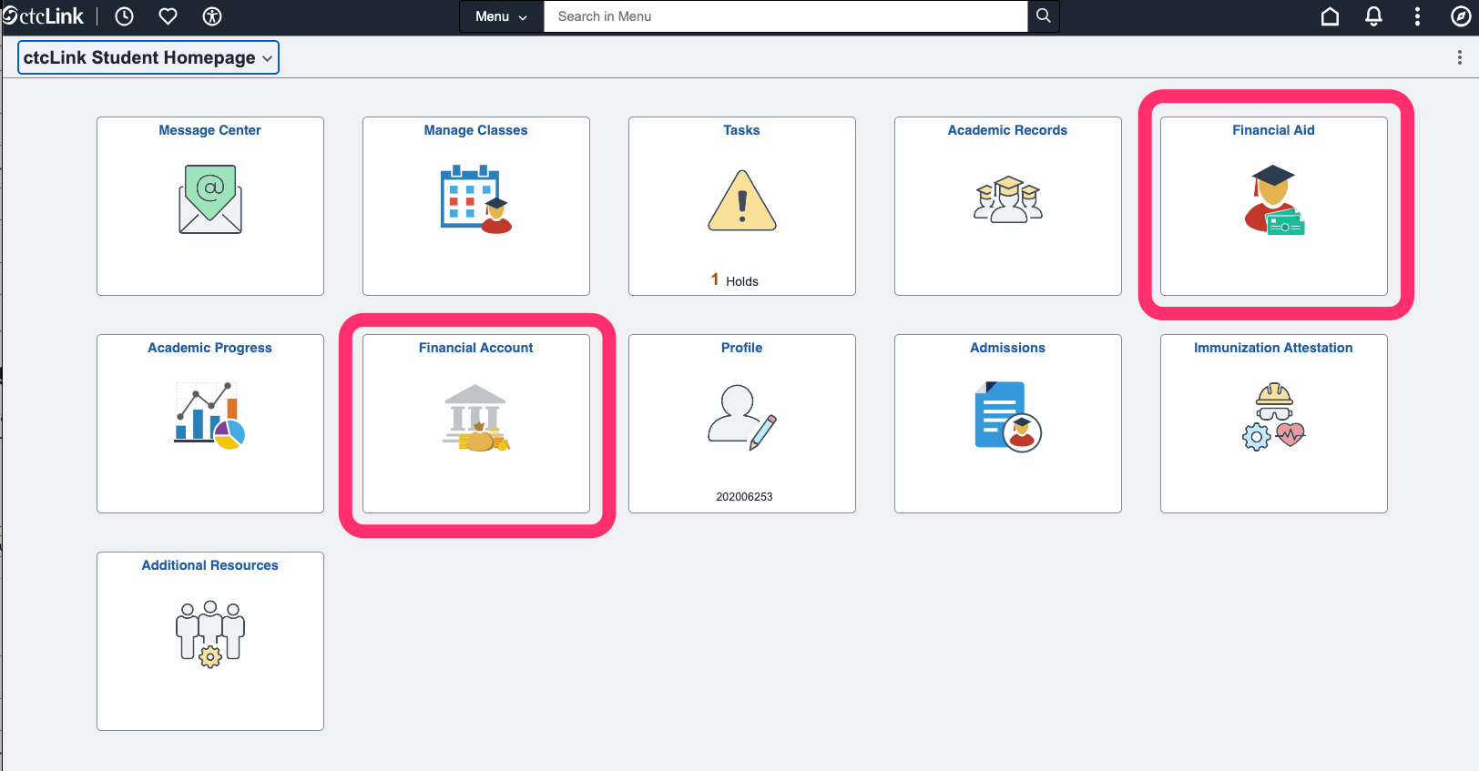 ctcLink Student Homepage showing Financial Aid and Financial Account