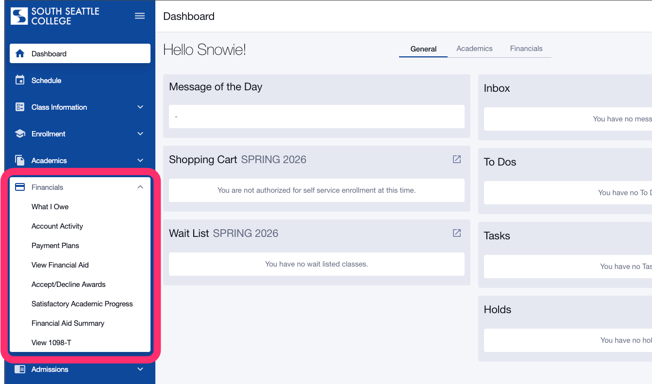 HCX navigation menu showing the Financials dropdown options.