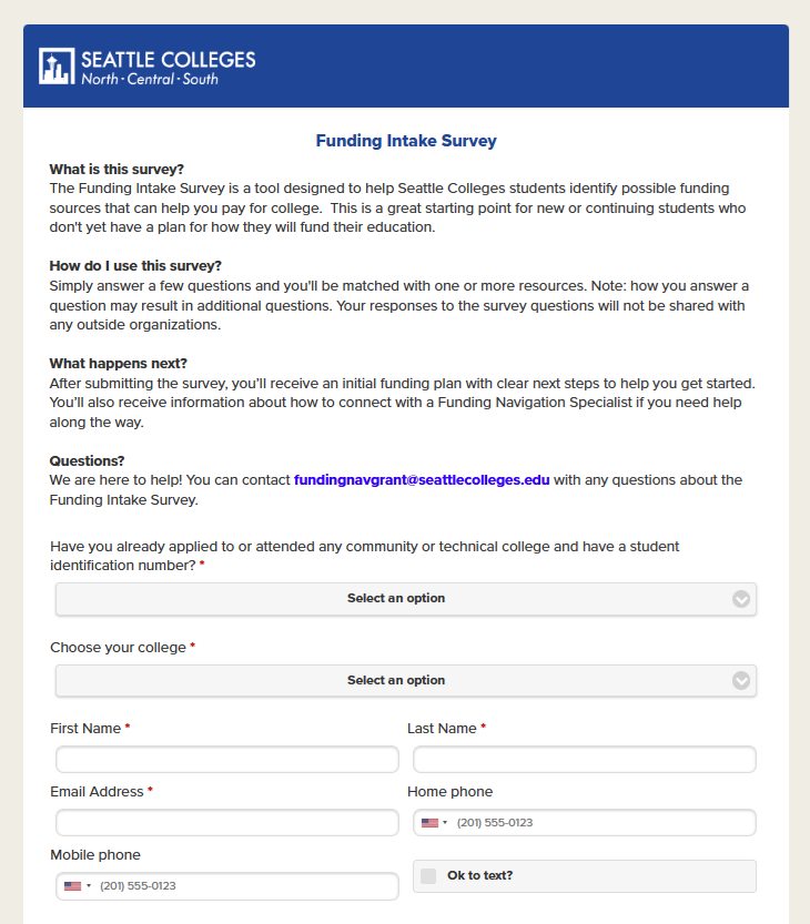 Screen capture of the Funding Intake Survey