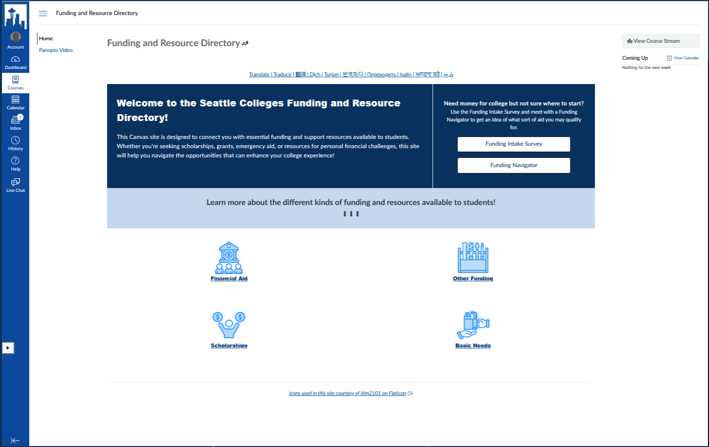 Screen capture of Funding Resource Directory webpage in Canvas