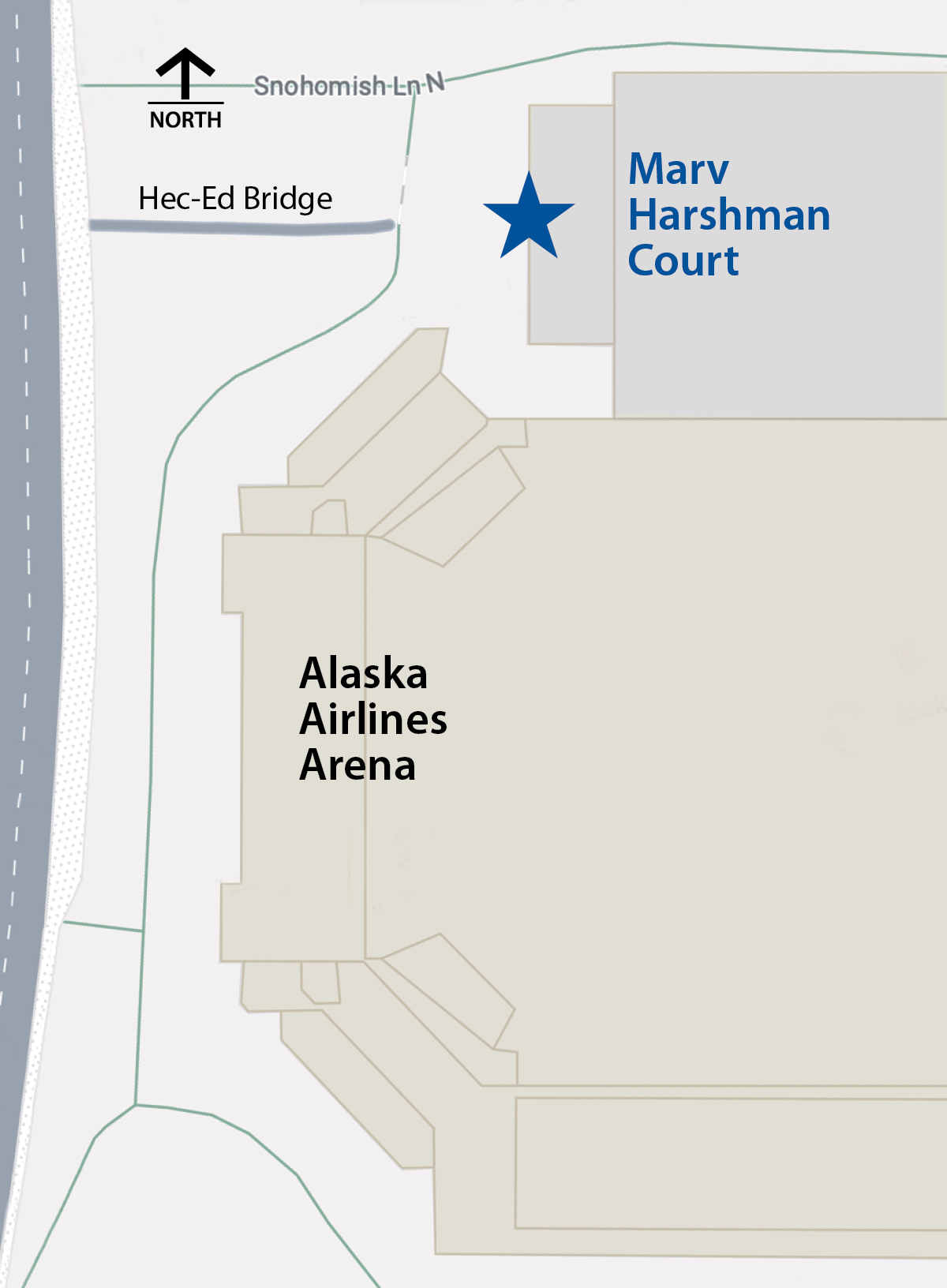 Harshman Court entrance map in respect to Alaska Airlines Arena
