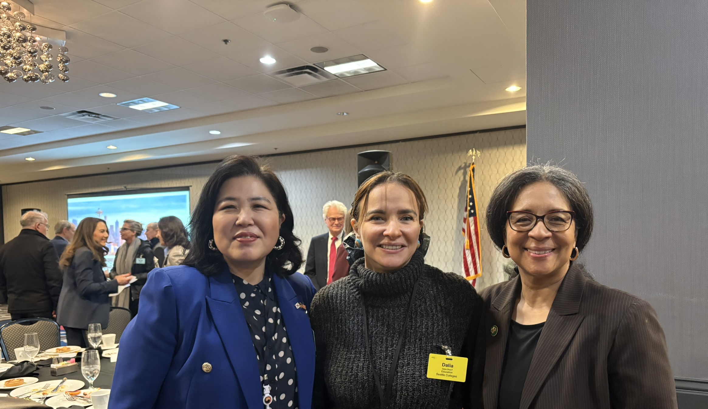 Dr. Dalia Sherif (center), Senior Executive Director for Seattle Colleges District Workforce Development Office, with Rep. Marilyn Strickland (right), from Washington's 10th Congressional District.