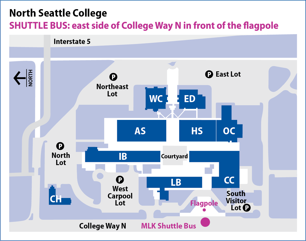 Map of North Seattle College with dot marking the shuttle stop on the east side of College Way North in front of the flagpole outside and east of the Library (near the South Visitor Parking Lot).