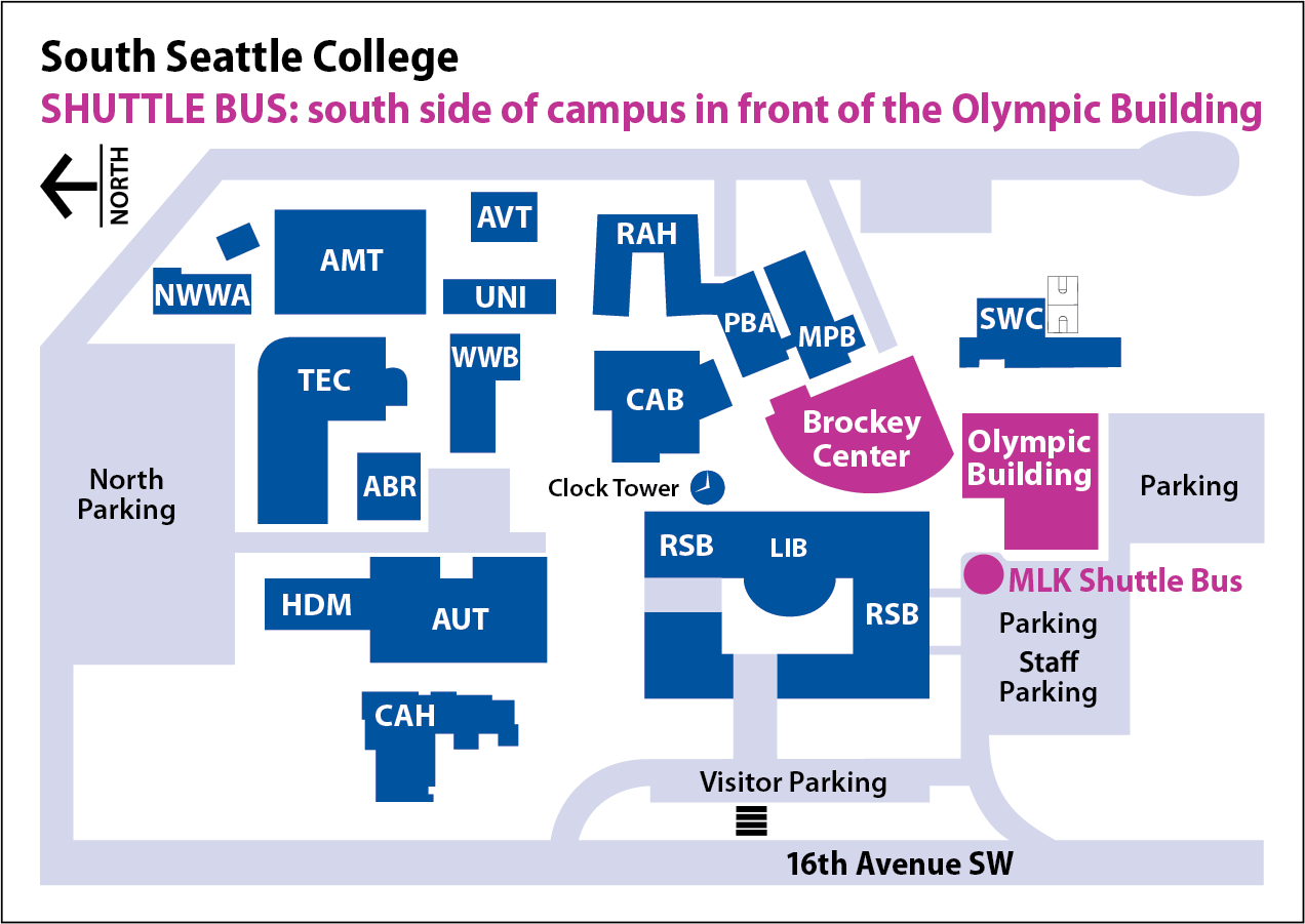 Map of South Seattle College with dot marking the shuttle stop on the south side of campus in front of the Olympic Building (west side of building).