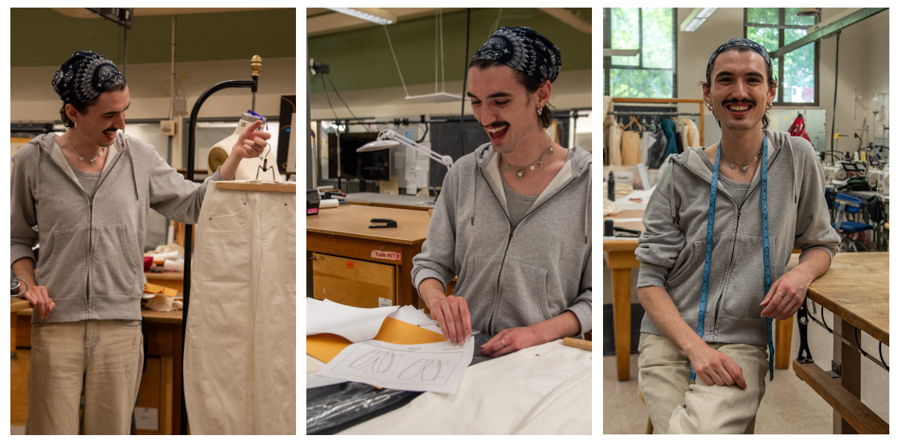 Three photos of MacKenzie Nelson in the Apparel Design lab: holding a garment on a hanger, working with a pattern design, and standing and smiling