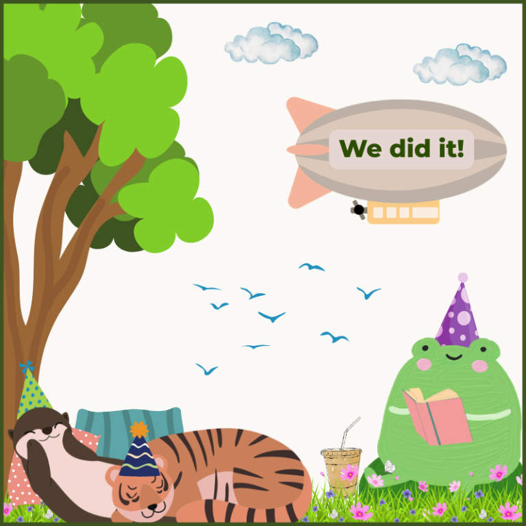 otter and tiger doze on pillows under trees, frog with iced coffee reads them a pink book. All three wear party hats. Flock of seagulls and striped blimp with text eLearning Newsletter in background.