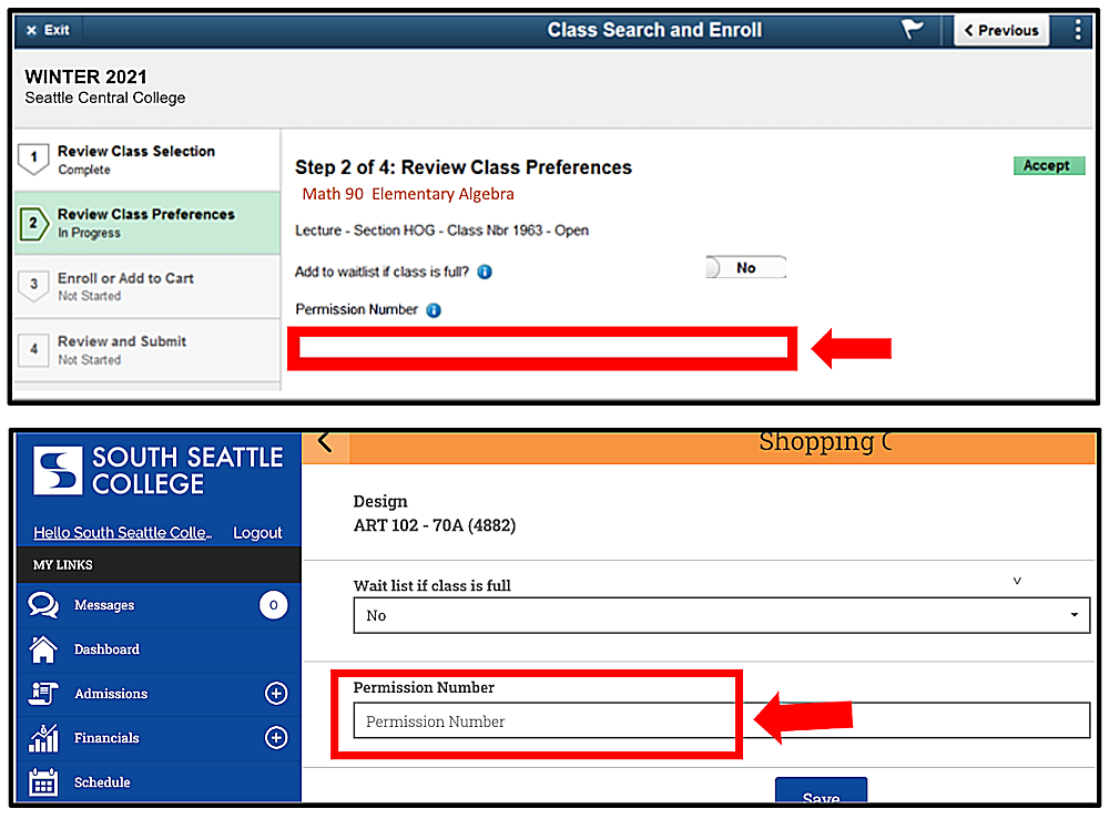 Permission Numbers screen capture from ctcLink