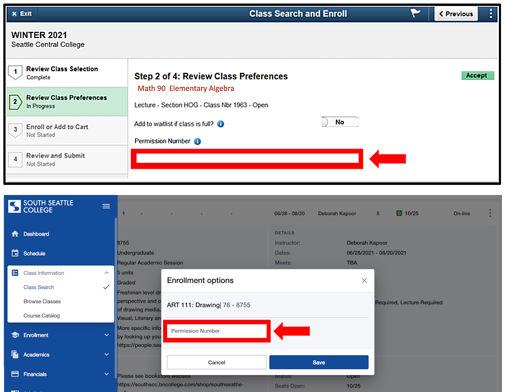 screen capture of ctcLink desktop and mobile app with a box for permission numbers