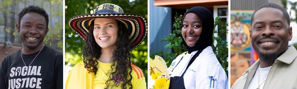 a sequence of images of four diverse students in various campus settings