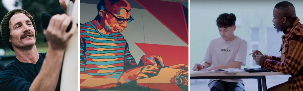 Triptych image with a person adjusting a camera outdoors, a section of the colorful James Baldwin mural showing Baldwin at a typewriter, and a student and teacher seated at a table with books on it.