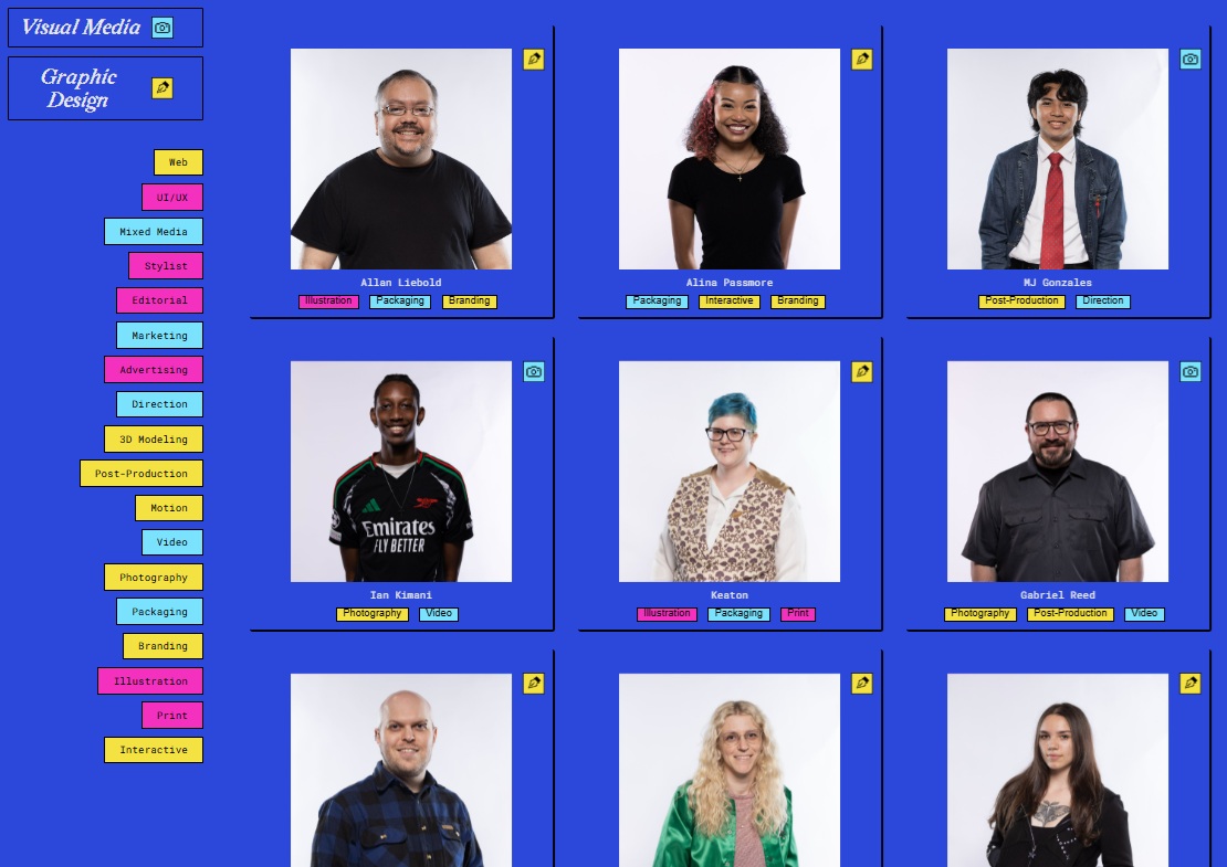 screen capture from the Portshowlio website featuring nine of the 37 students showcasing their work