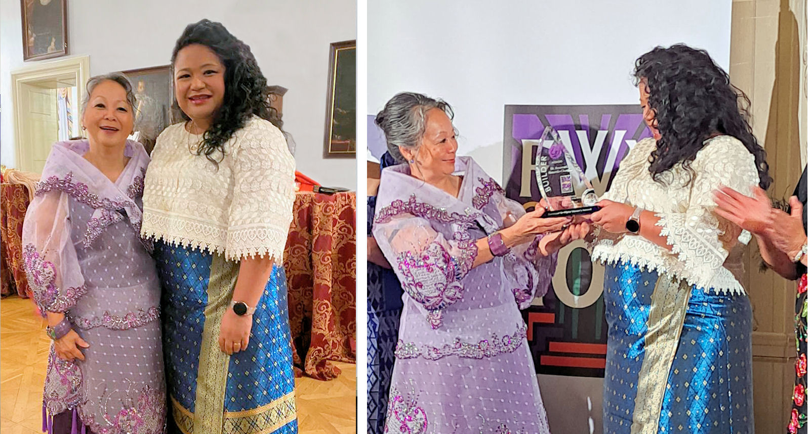 Photo of Rosie Rimando-Chareunsap at the FWN awards gala in front of a sign that says FWN Global 100 and pictured with Teresita Batayola, who is presenting the FWN Builder Award to her