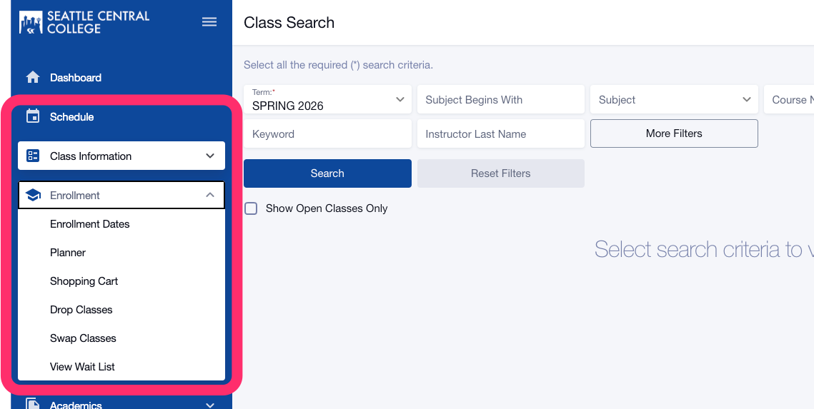 ctcLink HCX left navigation menu highlighting Schedule, Class Information, and Enrollment 