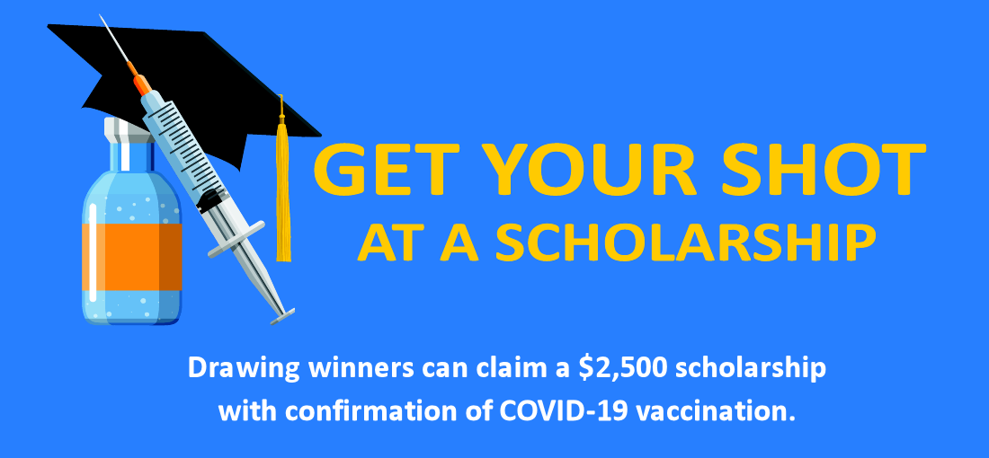 Get your shot at a scholarship - with mortarboard and tassel and vaccine bottle
