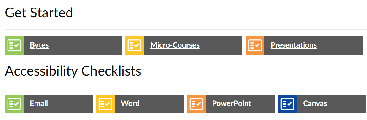 preview of accessibility training hub-get-started-and-checklists for email, word, powerpoint, canvas