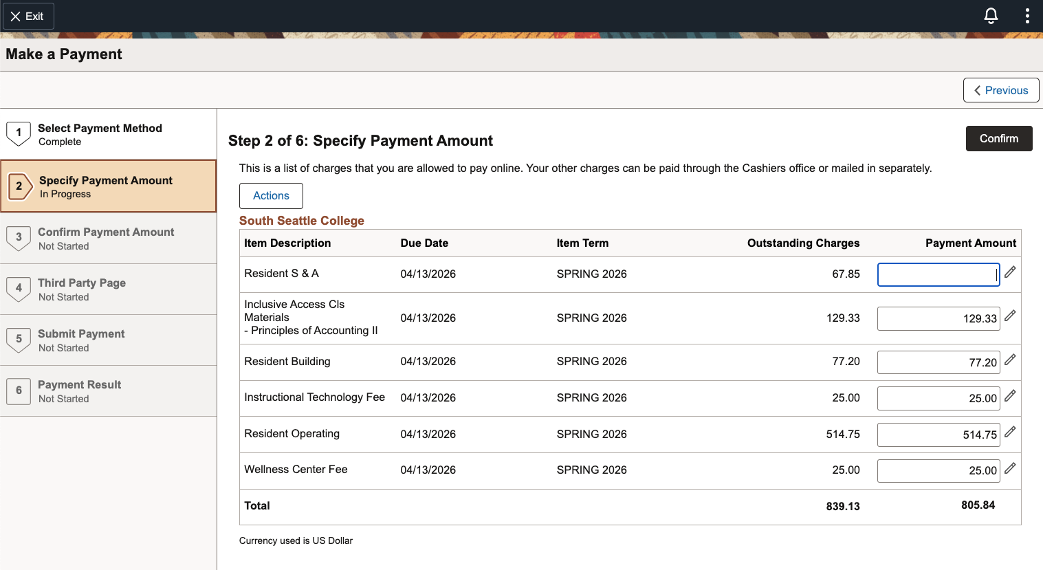 Make a Payment, step 2, specify payment amount 