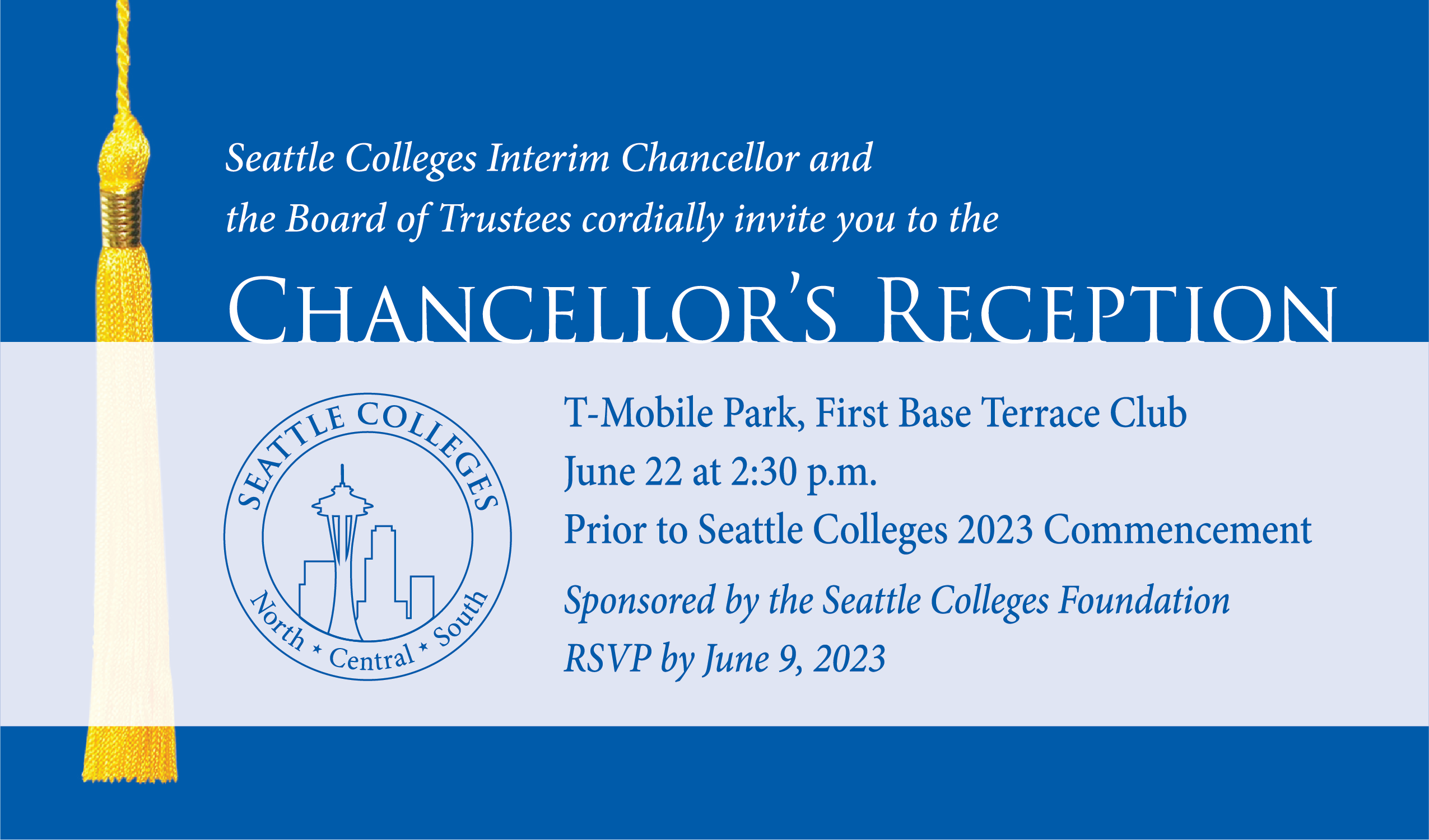 Chancellor's Reception with images of Seattle Colleges logo and a scholar's cap and tassel