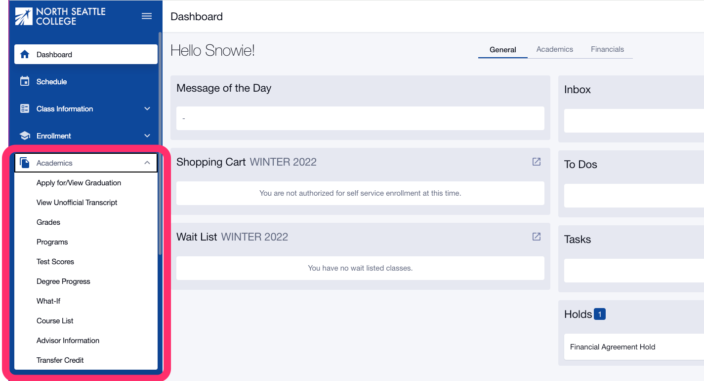 ctcLink HCX expanded student menu showing options under Academics dropdown