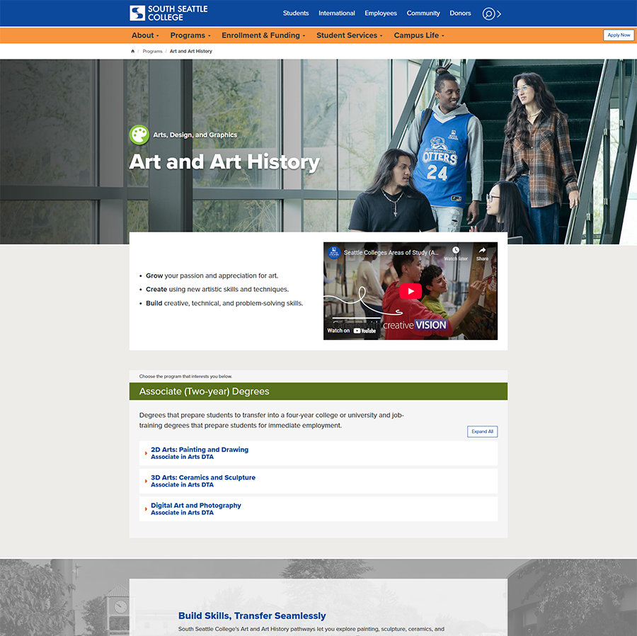 Art and Art History top half of overview page