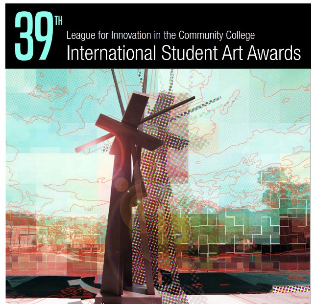 An abstract sculpture in a stylized digital landscape with text: 39th League for Innovation in the Community College International Student Art Awards