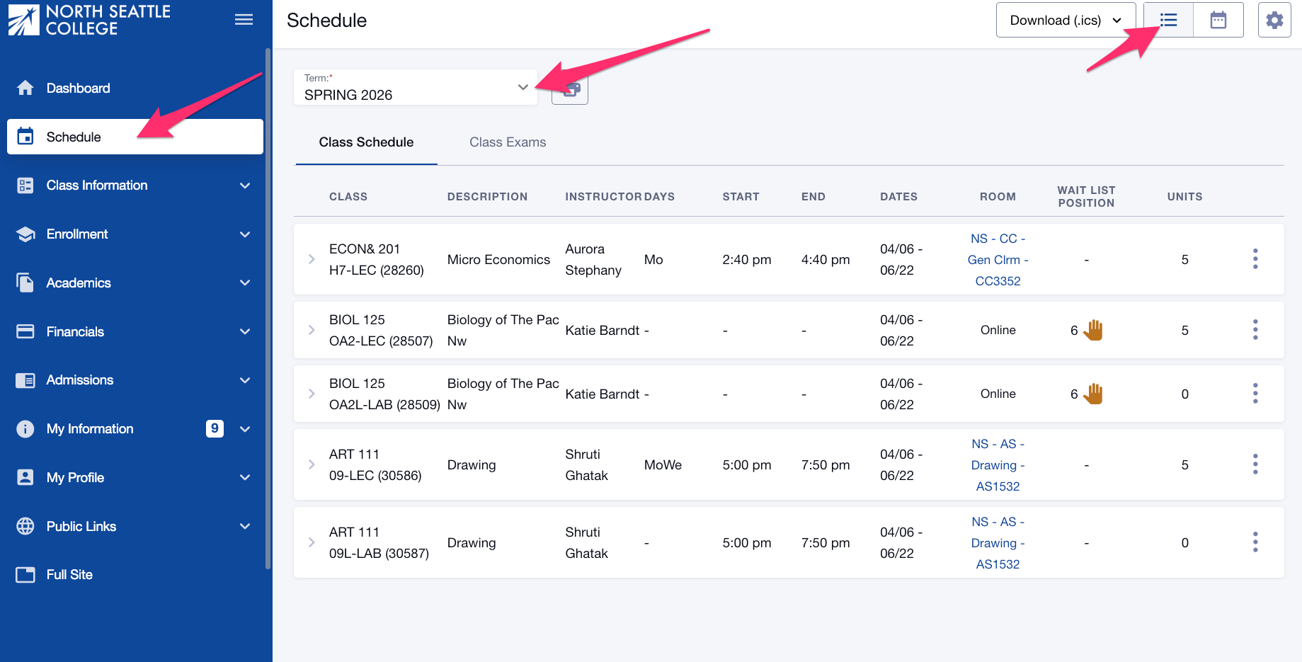 Screenshot of Schedule page with enrolled and waitlisted classes.
