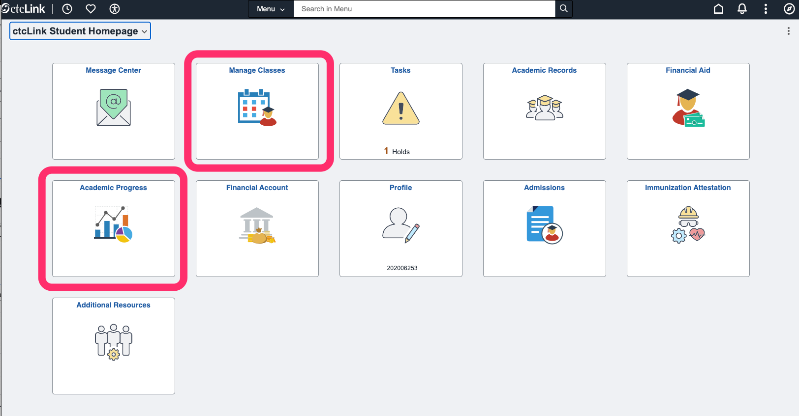ctcLink classic Student Homepage highlighting Manage Classes and Academic Progress tiles