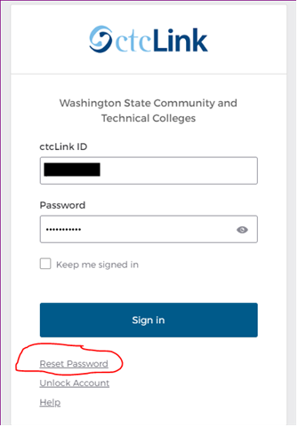 ctcLink Login Page with Reset Password link circled.