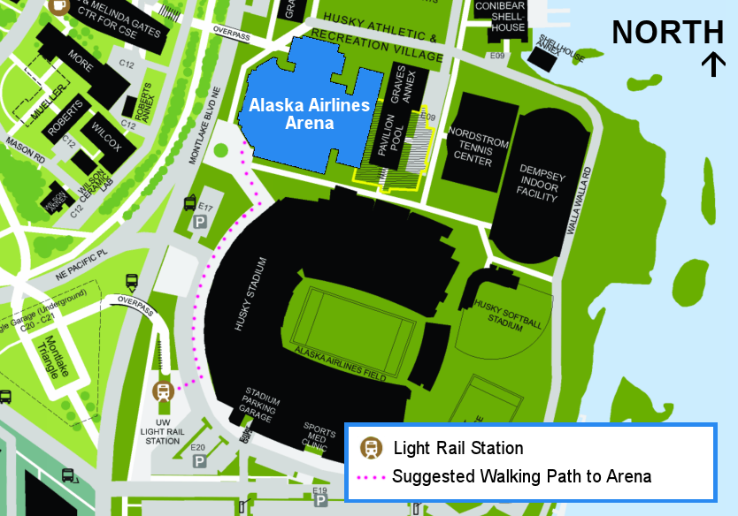 Map of the UW light rail station in respect to Alaska Airlines Arena. The map shows the light rail station roughly one block south of Alaska Airlines Arena. A suggested walking path following in front of Husky Stadium going north to the arena, roughly following Montlake Boulevard NE.