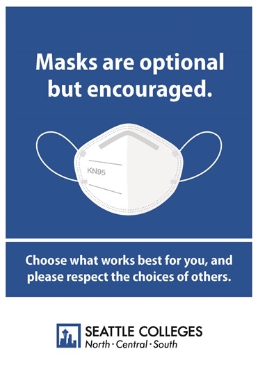image of a facemask with the text: Masks are optional but encouraged. Choose what works best for you, and please respect the choices of others. The Seattle Colleges logo is at the bottom.