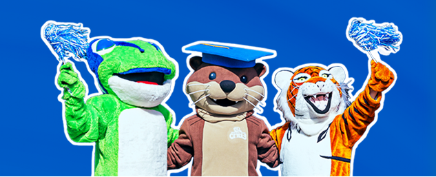 Seattle colleges mascots, Star the tree frog, Olivia the otter, and Theo the tiger